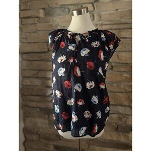 LOFT Floral Blouse Women’s SZ Medium Navy Blue, Red White Cap Sleeve Keyhole